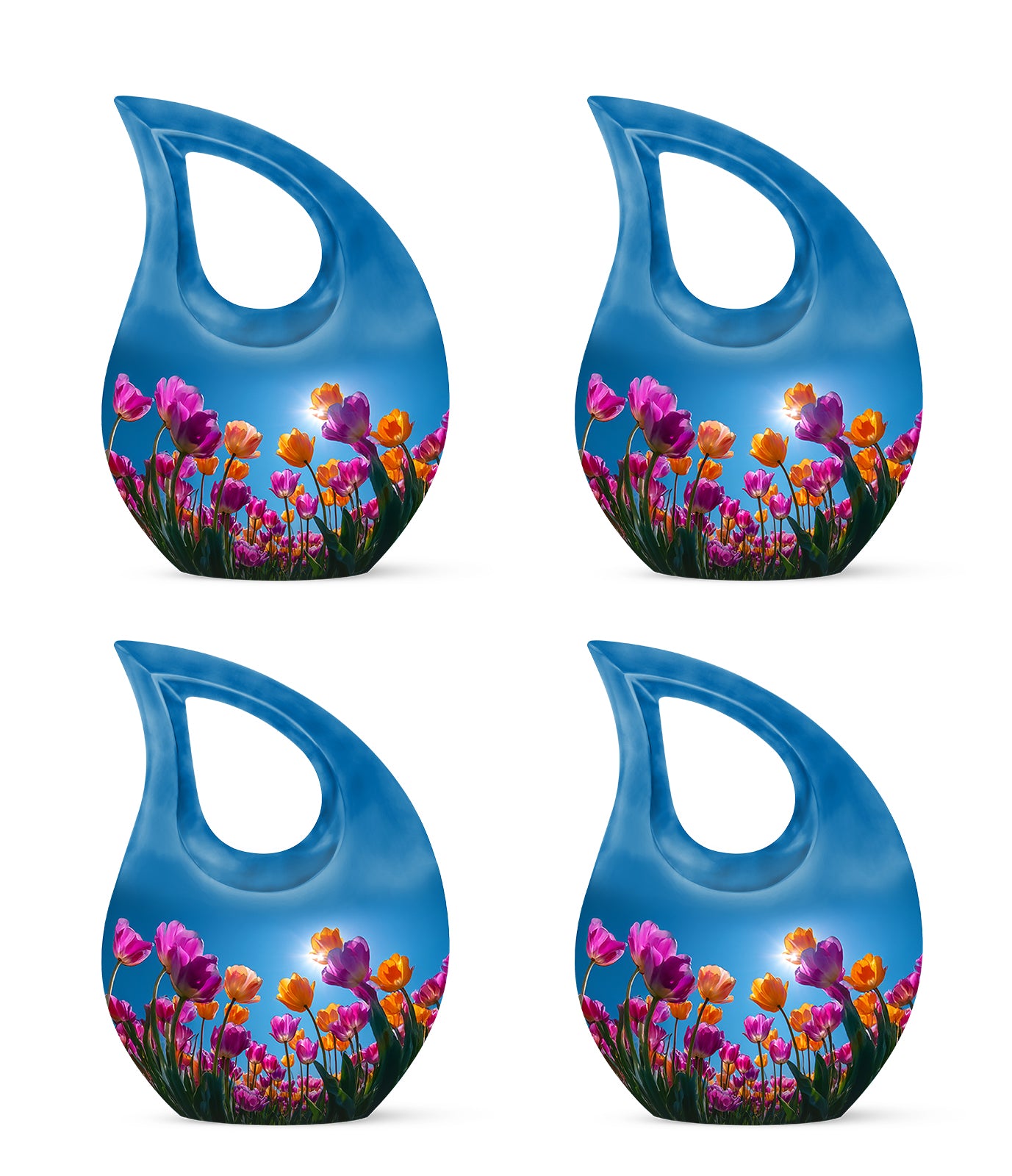 Soft Blue Garden Tulip Cremation Urn lifestyle display on memorial shelf - devotional cross-drop garden tulip engraving - 10 inch aluminum urn for cremated remains