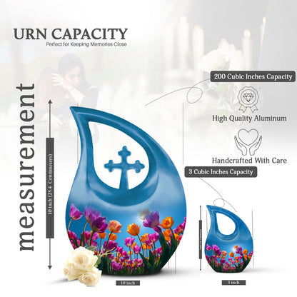 Sapphire Blue Garden Tulip Cremation Urn back view with polished surface - devotional cross-drop garden tulip engraving - mini keepsake memorial for portion of cremation ashes