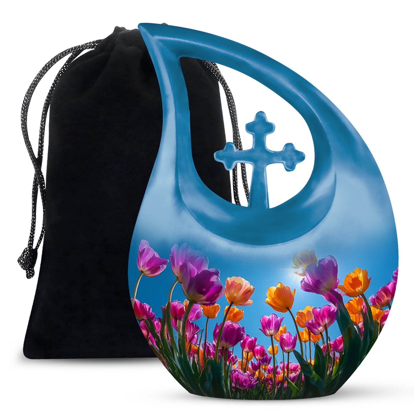 Dusty Blue Garden Tulip Cremation Urn top-down view of secure threaded lid - sacred cross merged with garden tulip motif on metal - full-size 10 inch 200 cubic inch adult cremation urn
