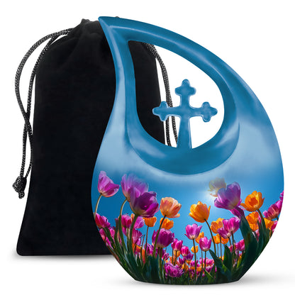 Dusty Blue Garden Tulip Cremation Urn top-down view of secure threaded lid - sacred cross merged with garden tulip motif on metal - full-size 10 inch 200 cubic inch adult cremation urn