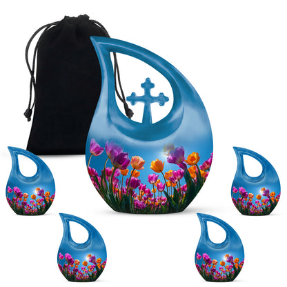 Vivid Blue Garden Tulip Cremation Urn urn with complimentary velvet bag - faith-inspired cross-drop urn with garden tulip pattern - memorial set with one large and four small urns