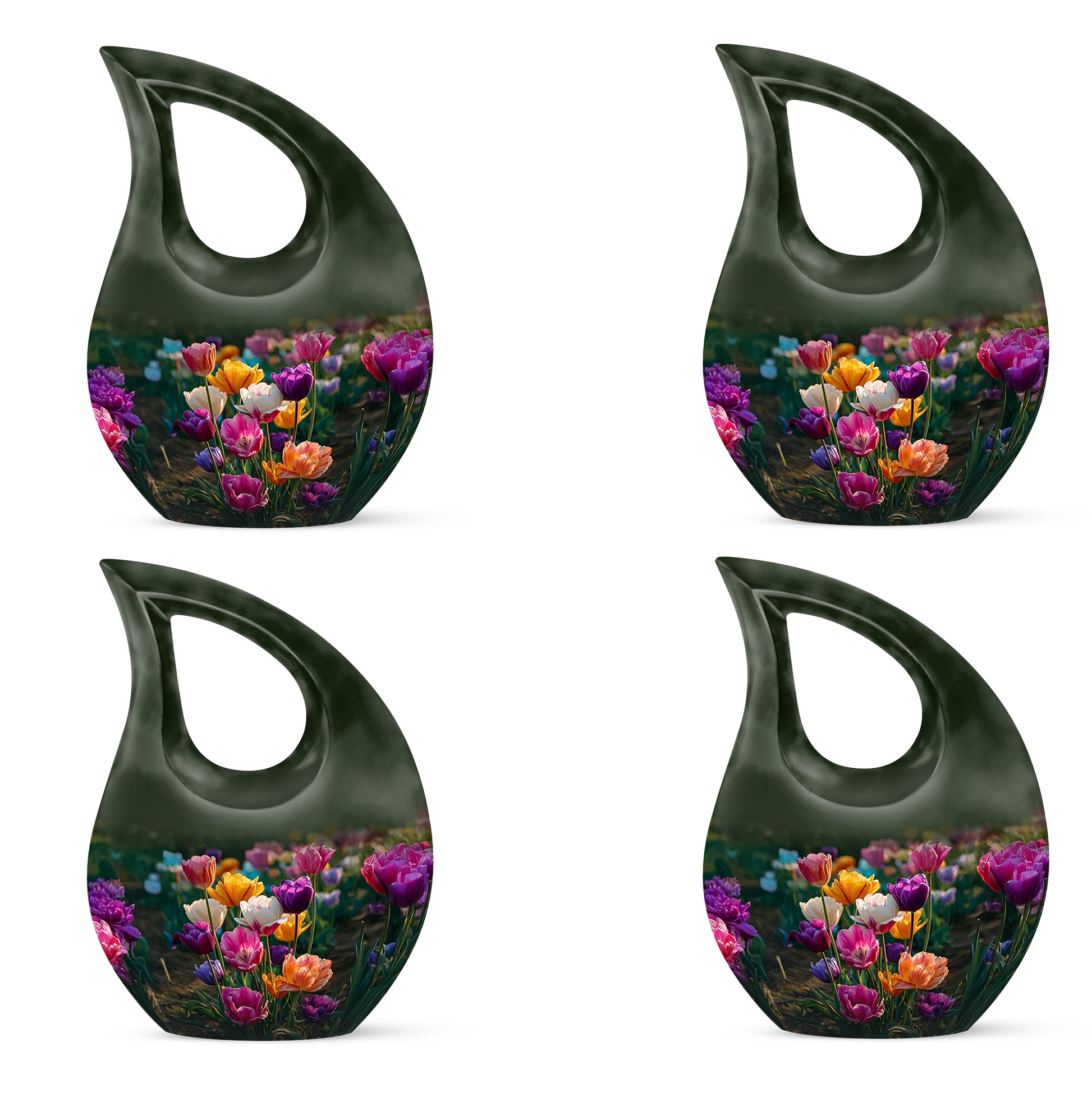 Moss Green Garden Tulip Cremation Urn lifestyle display on memorial shelf - cross and garden tulip combined in spiritual memorial design - 10 inch aluminum urn for cremated remains
