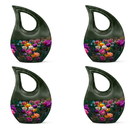 Moss Green Garden Tulip Cremation Urn lifestyle display on memorial shelf - cross and garden tulip combined in spiritual memorial design - 10 inch aluminum urn for cremated remains