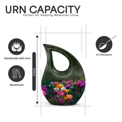 Moss Green Garden Tulip Cremation Urn back view with polished surface - sacred cross merged with garden tulip motif on metal - mini keepsake memorial for portion of cremation ashes