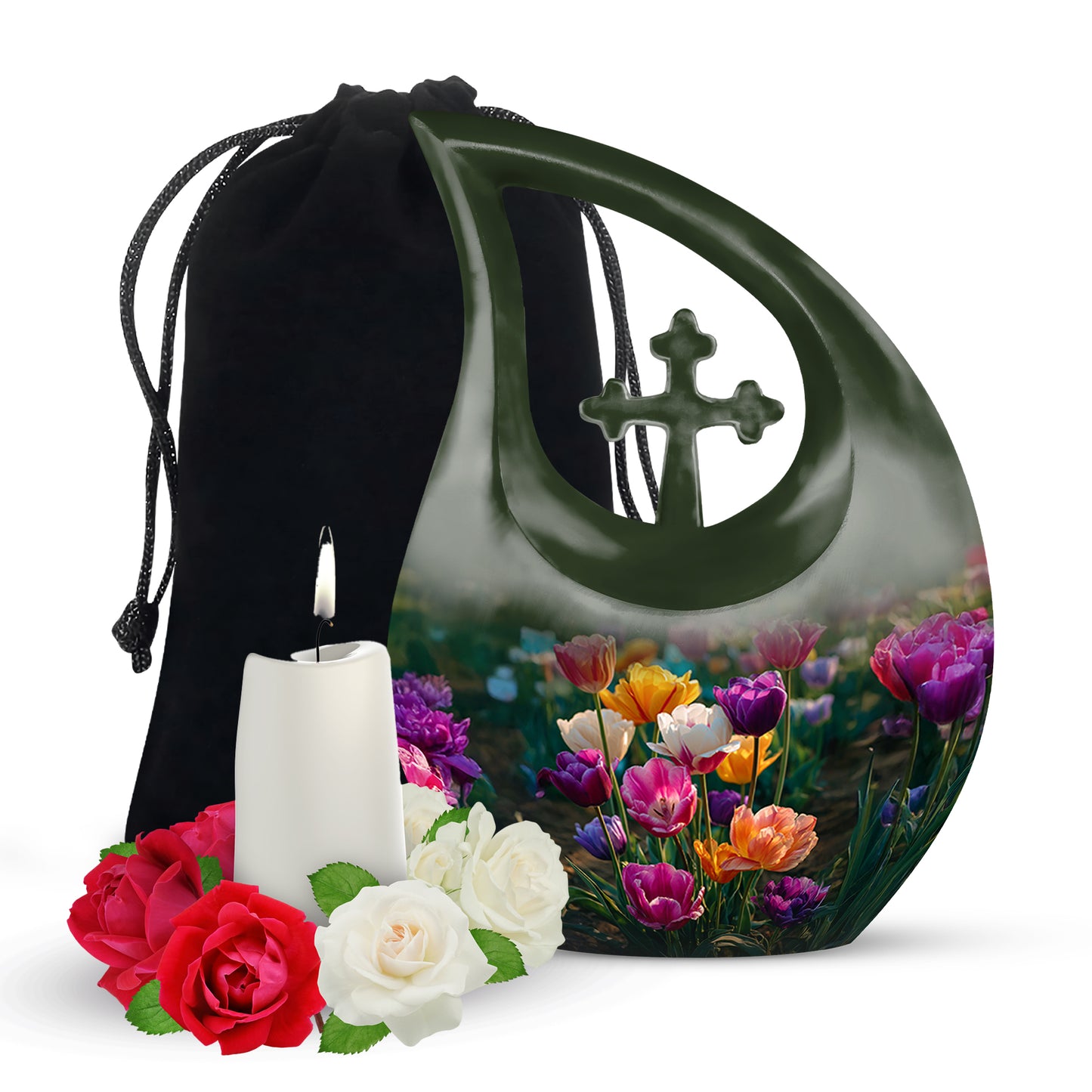 Emerald Green Garden Tulip Cremation Urn top-down view of secure threaded lid - cross and garden tulip combined in spiritual memorial design - full-size 10 inch 200 cubic inch adult cremation urn
