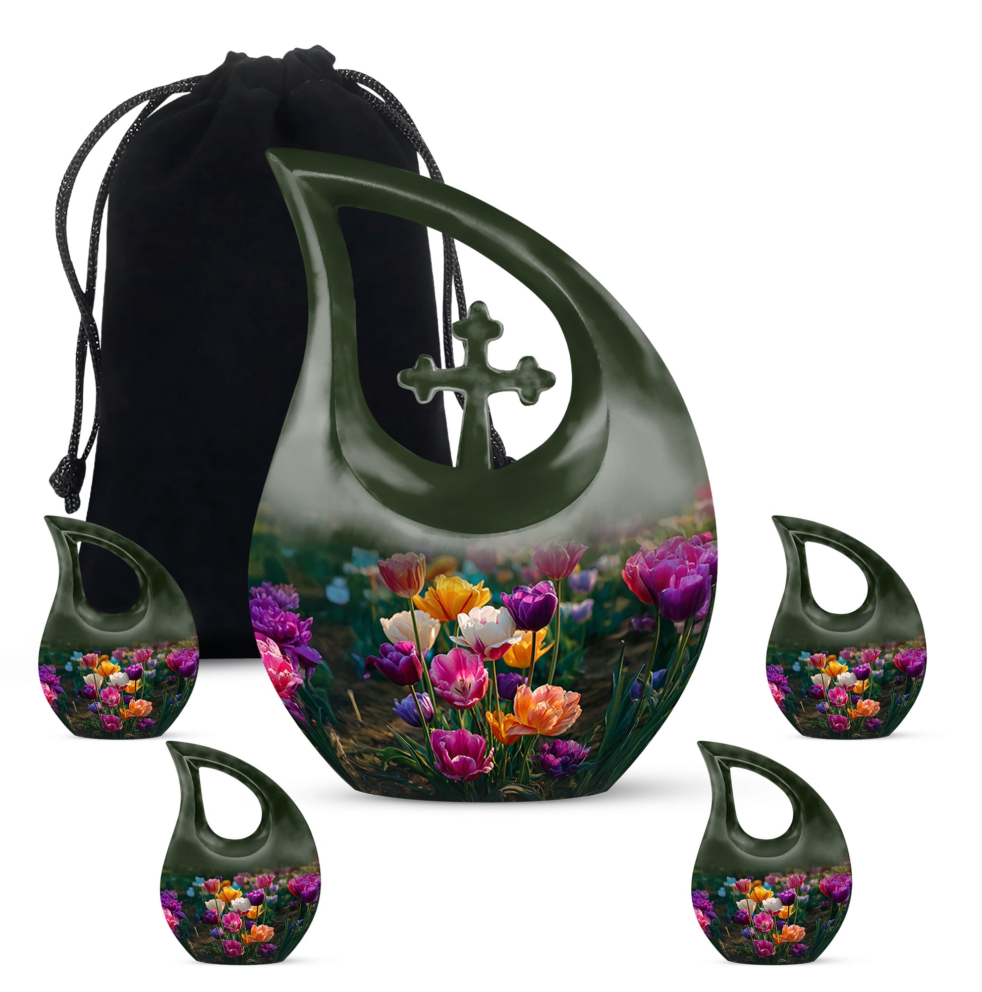 Olive Green Garden Tulip Cremation Urn urn with complimentary velvet bag - faith-inspired cross-drop urn with garden tulip pattern - memorial set with one large and four small urns