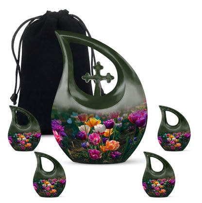 Olive Green Garden Tulip Cremation Urn urn with complimentary velvet bag - faith-inspired cross-drop urn with garden tulip pattern - memorial set with one large and four small urns
