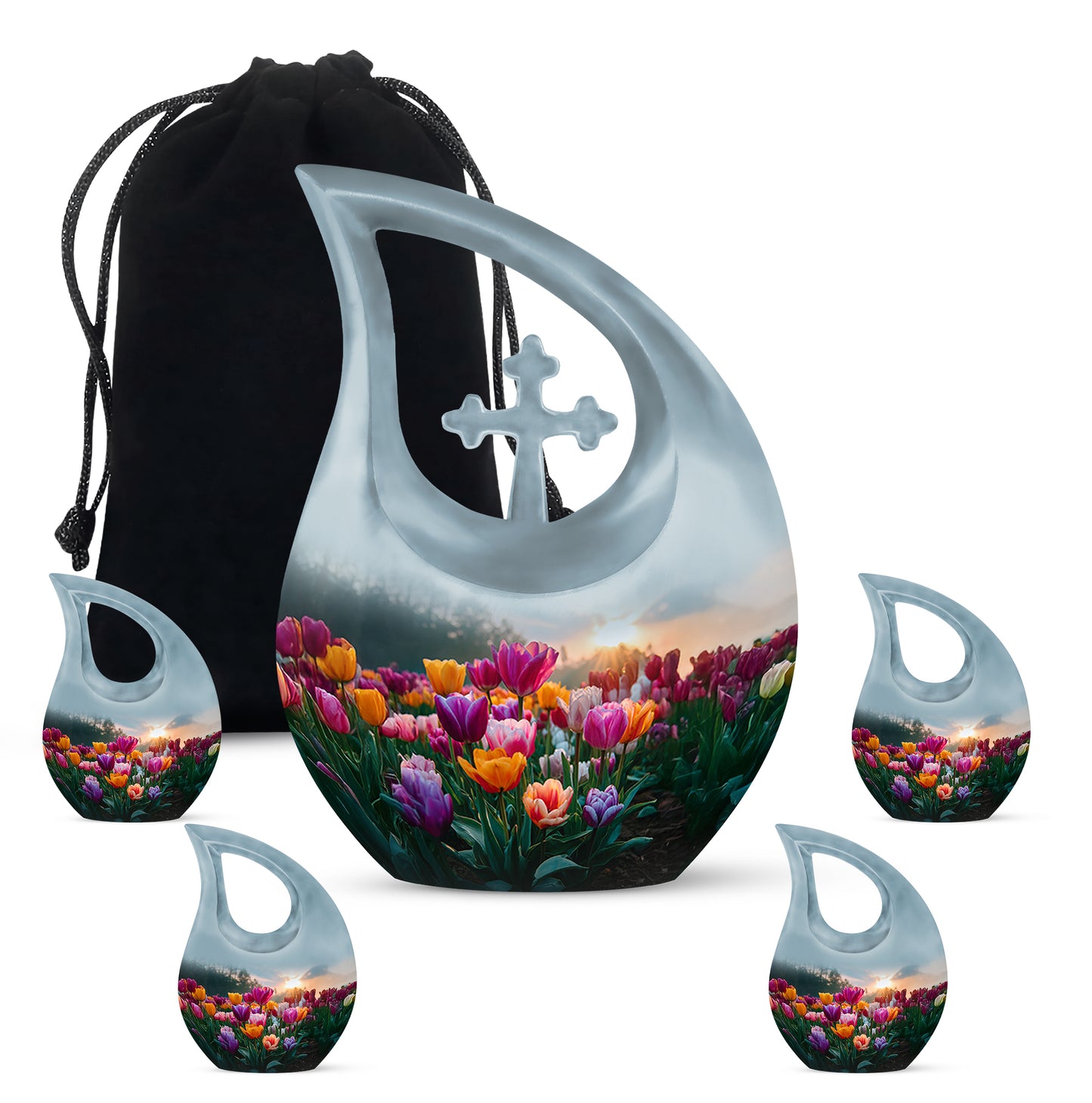 Royal Blue Garden Tulip Cremation Urn urn with complimentary velvet bag - faith-inspired cross-drop urn with garden tulip pattern - memorial set with one large and four small urns