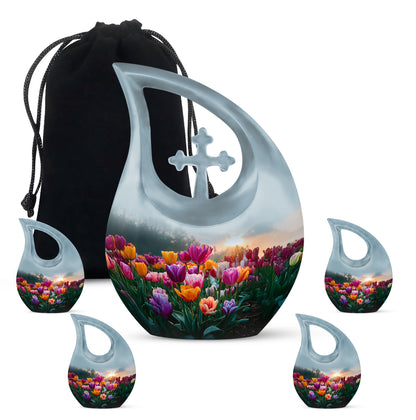 Royal Blue Garden Tulip Cremation Urn urn with complimentary velvet bag - faith-inspired cross-drop urn with garden tulip pattern - memorial set with one large and four small urns