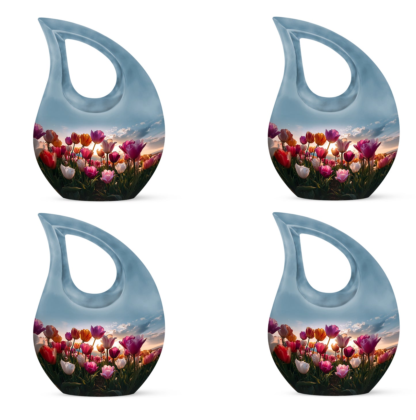 Powder Blue Garden Tulip Cremation Urn lifestyle display on memorial shelf - cross and garden tulip combined in spiritual memorial design - 10 inch aluminum urn for cremated remains