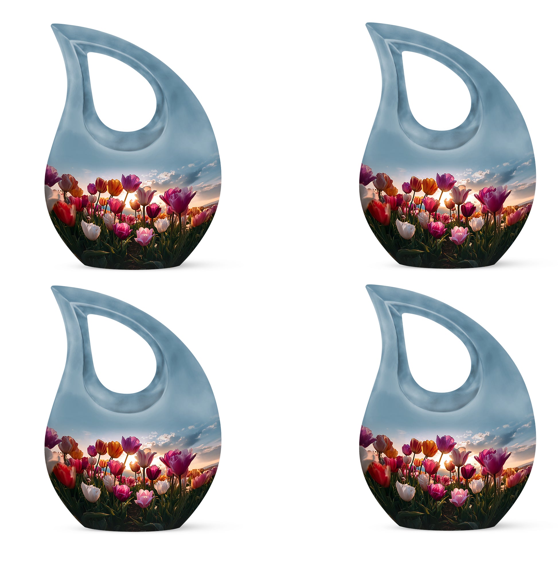 Powder Blue Garden Tulip Cremation Urn lifestyle display on memorial shelf - cross and garden tulip combined in spiritual memorial design - 10 inch aluminum urn for cremated remains