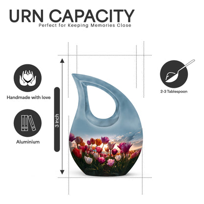 Soft Blue Garden Tulip Cremation Urn back view with polished surface - devotional cross-drop garden tulip engraving - mini keepsake memorial for portion of cremation ashes