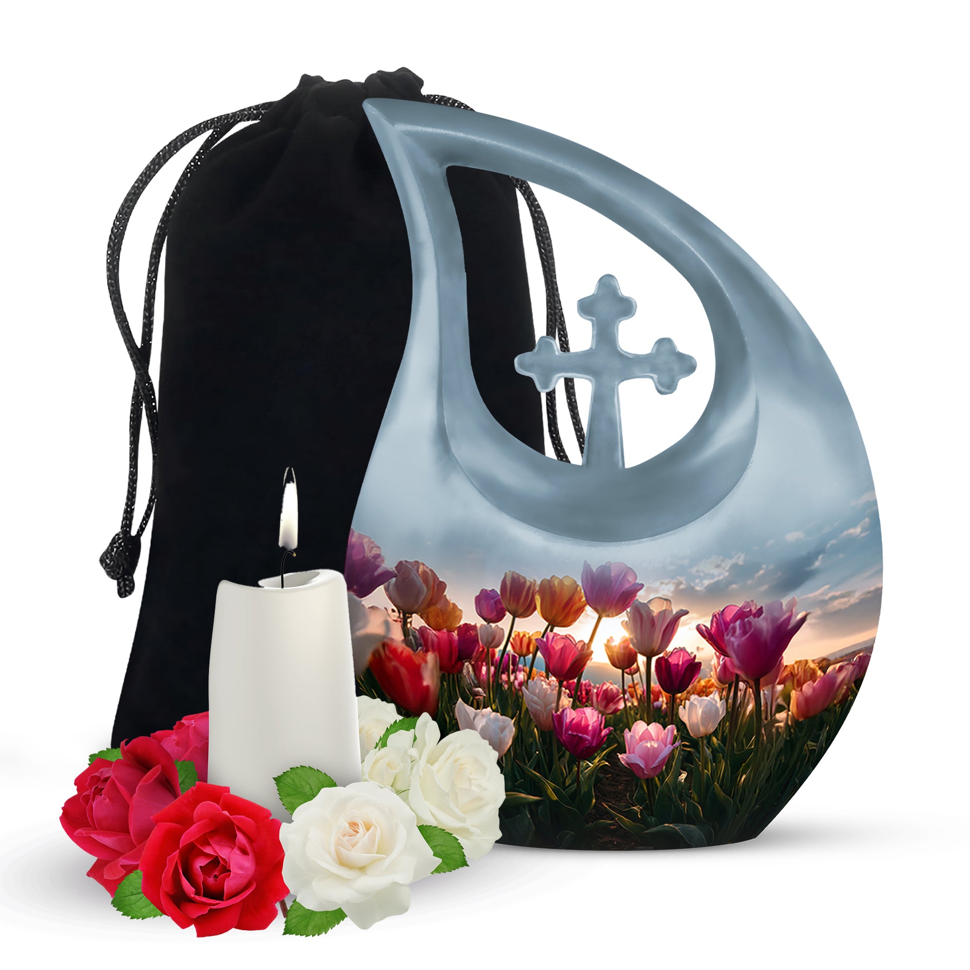 Celestial Blue Garden Tulip Cremation Urn top-down view of secure threaded lid - cross and garden tulip combined in spiritual memorial design - full-size 10 inch 200 cubic inch adult cremation urn