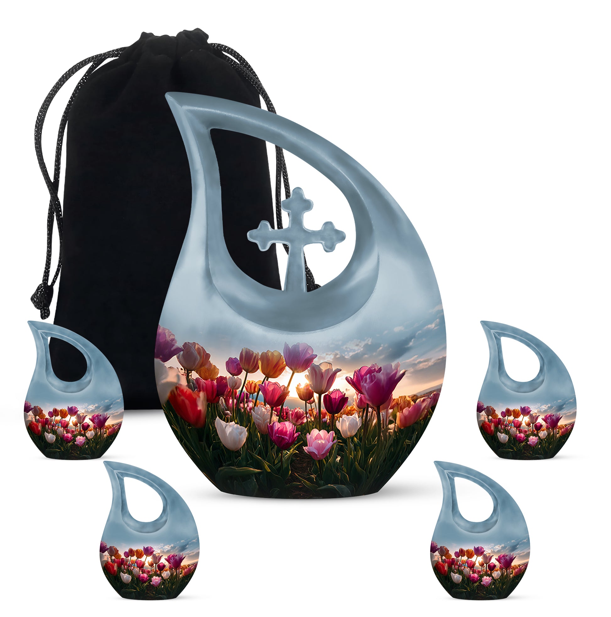 Sky Blue Garden Tulip Cremation Urn urn with complimentary velvet bag - cross and garden tulip combined in spiritual memorial design - memorial set with one large and four small urns