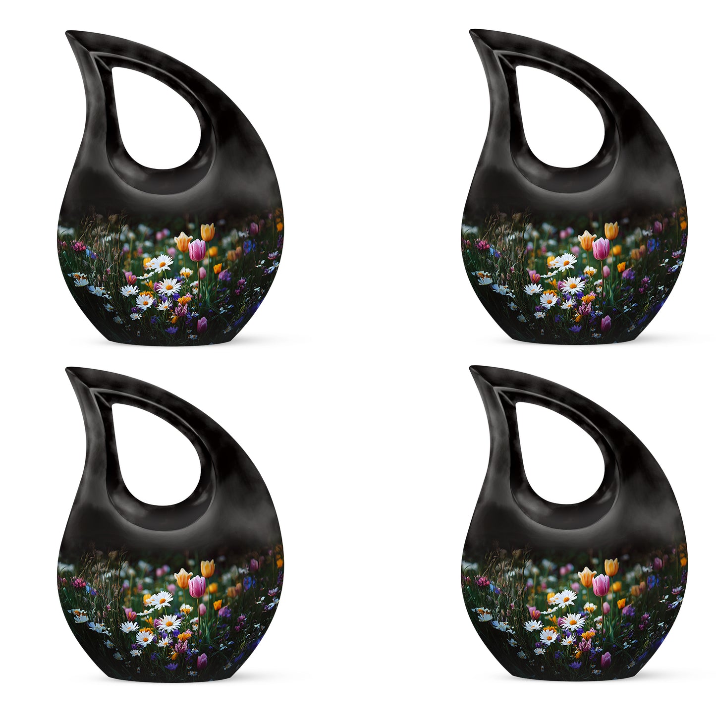 Ebony Garden Tulip Cremation Urn lifestyle display on memorial shelf - cross and garden tulip combined in spiritual memorial design - 10 inch aluminum urn for cremated remains