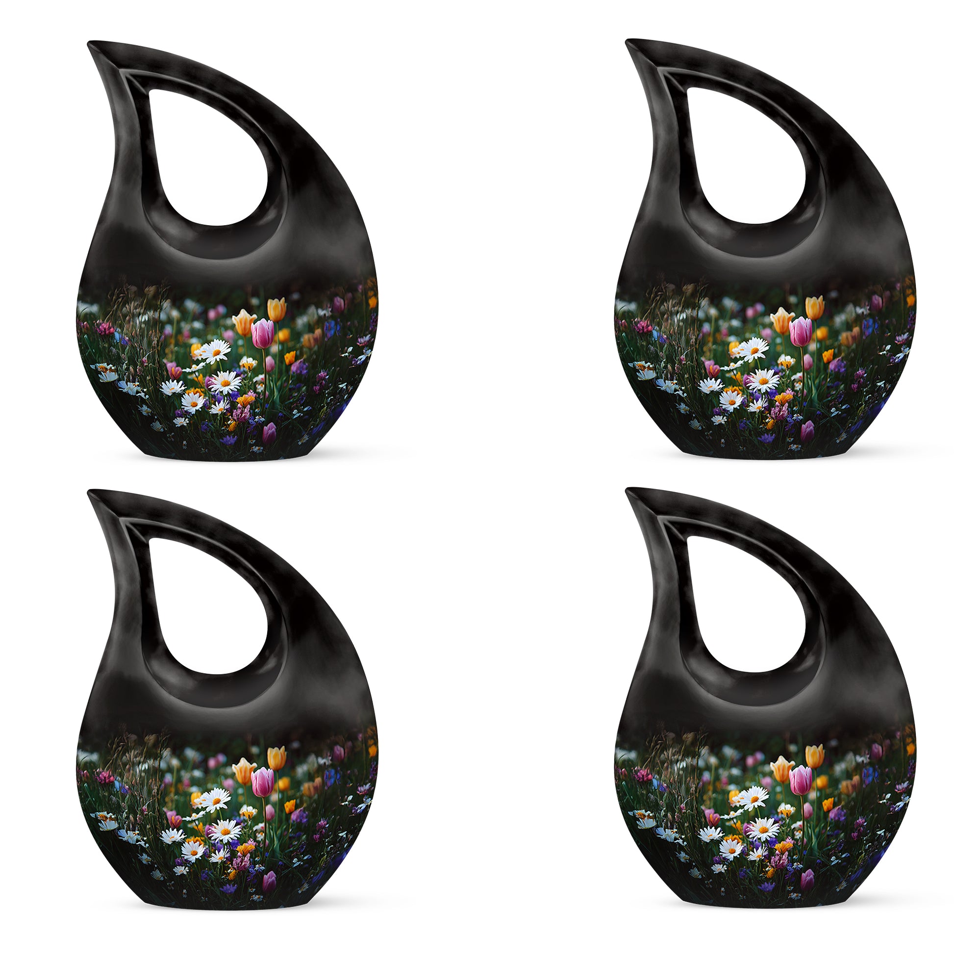 Ebony Garden Tulip Cremation Urn lifestyle display on memorial shelf - cross and garden tulip combined in spiritual memorial design - 10 inch aluminum urn for cremated remains