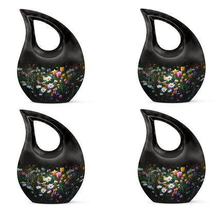 Ebony Garden Tulip Cremation Urn lifestyle display on memorial shelf - cross and garden tulip combined in spiritual memorial design - 10 inch aluminum urn for cremated remains