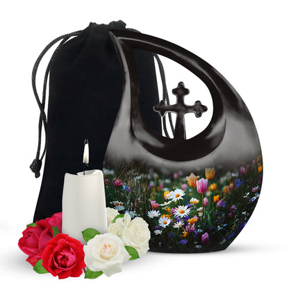 Rich Black Garden Tulip Cremation Urn top-down view of secure threaded lid - sacred cross merged with garden tulip motif on metal - full-size 10 inch 200 cubic inch adult cremation urn