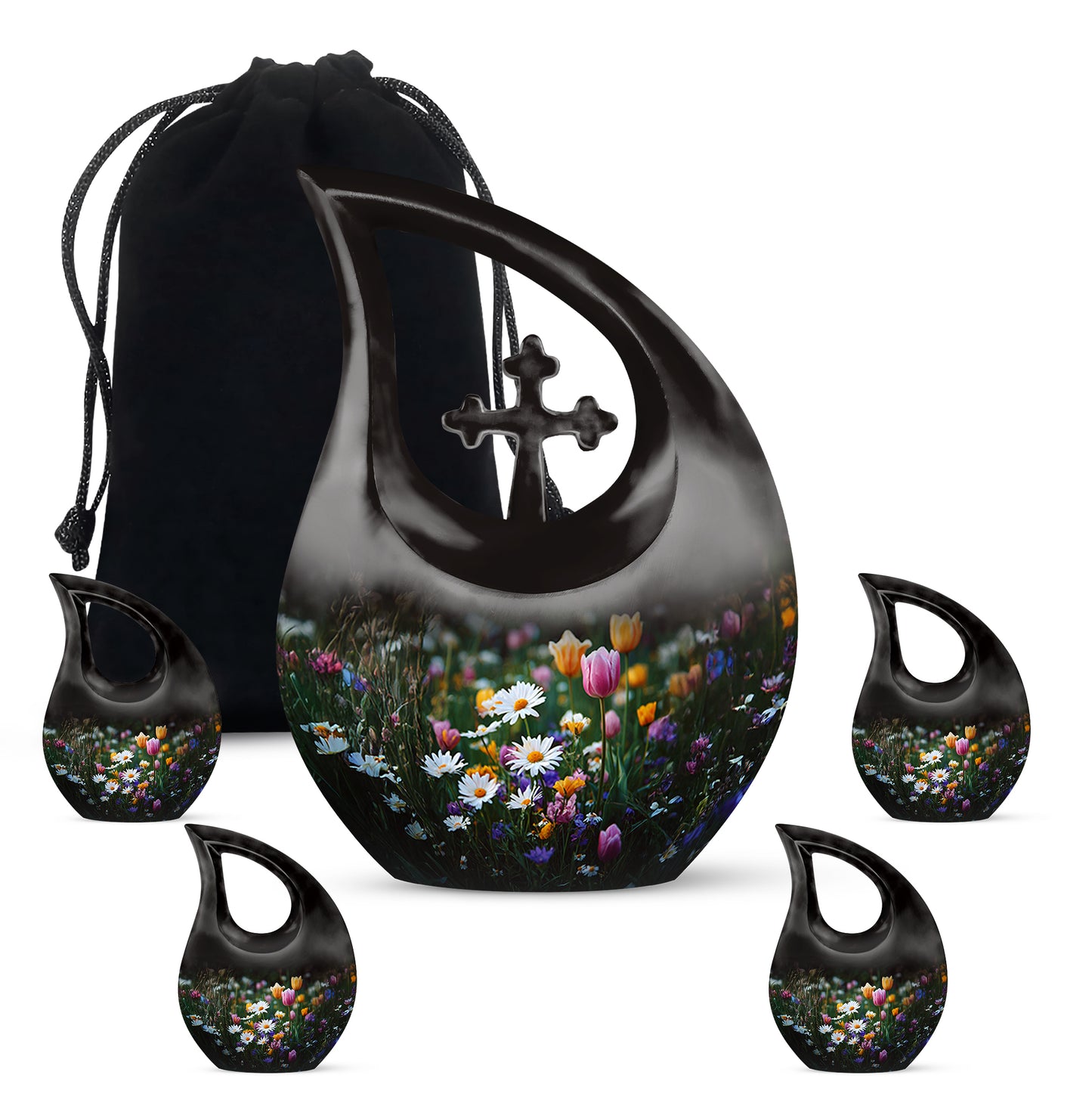 Obsidian Black Garden Tulip Cremation Urn urn with complimentary velvet bag - devotional cross-drop garden tulip engraving - memorial set with one large and four small urns