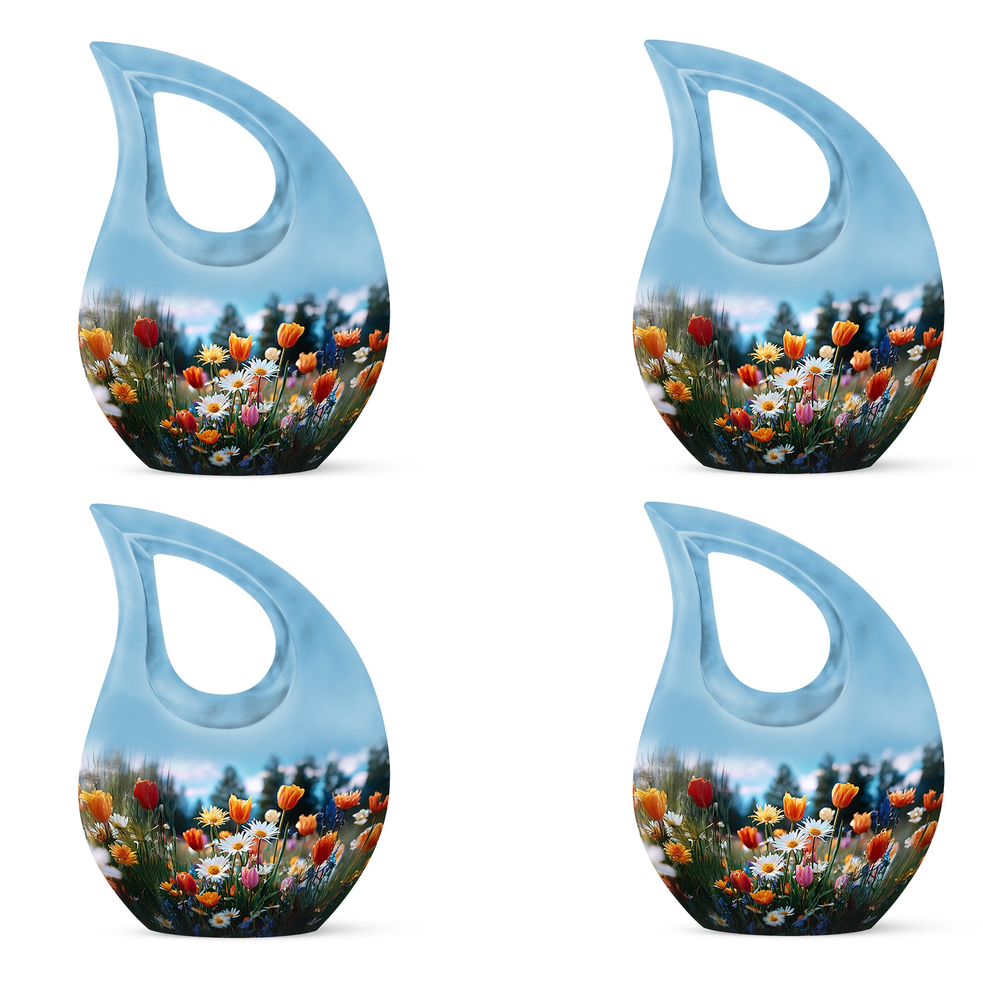 Celestial Blue Garden Tulip Cremation Urn lifestyle display on memorial shelf - cross and garden tulip combined in spiritual memorial design - 10 inch aluminum urn for cremated remains