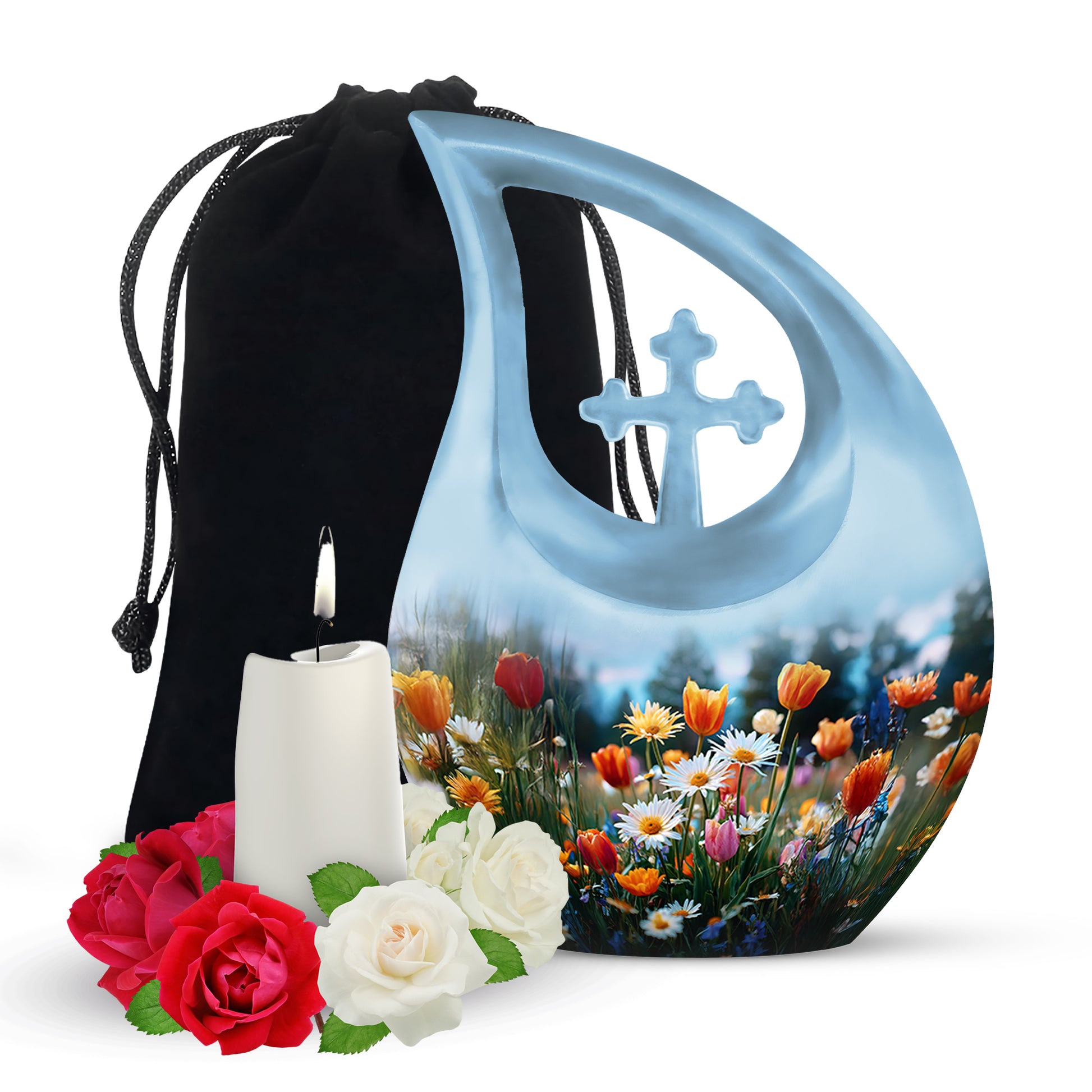 Steel Blue Garden Tulip Cremation Urn top-down view of secure threaded lid - devotional cross-drop garden tulip engraving - full-size 10 inch 200 cubic inch adult cremation urn