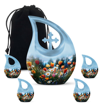 Serene Blue Garden Tulip Cremation Urn urn with complimentary velvet bag - faith-inspired cross-drop urn with garden tulip pattern - memorial set with one large and four small urns
