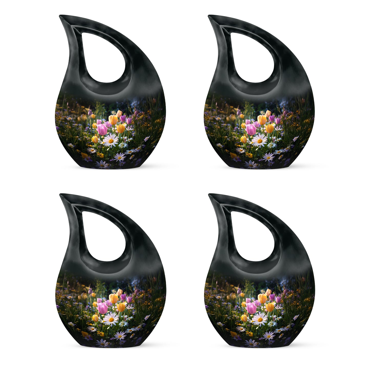 Rich Black Garden Tulip Cremation Urn lifestyle display on memorial shelf - cross and garden tulip combined in spiritual memorial design - 10 inch aluminum urn for cremated remains