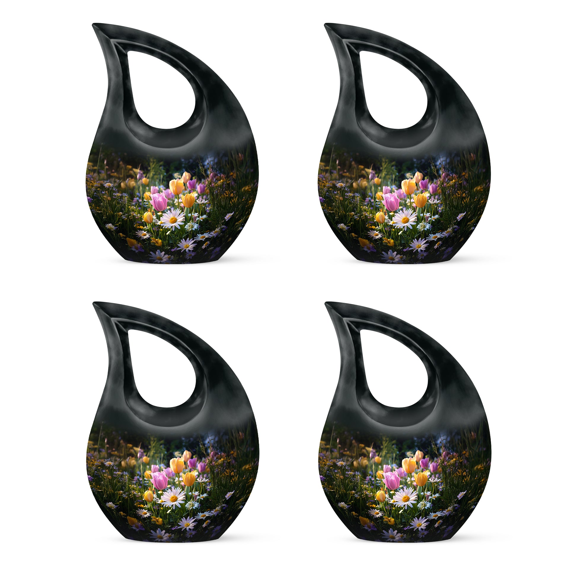 Rich Black Garden Tulip Cremation Urn lifestyle display on memorial shelf - cross and garden tulip combined in spiritual memorial design - 10 inch aluminum urn for cremated remains