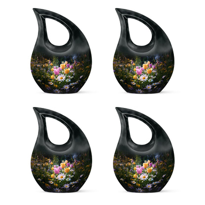 Rich Black Garden Tulip Cremation Urn lifestyle display on memorial shelf - cross and garden tulip combined in spiritual memorial design - 10 inch aluminum urn for cremated remains