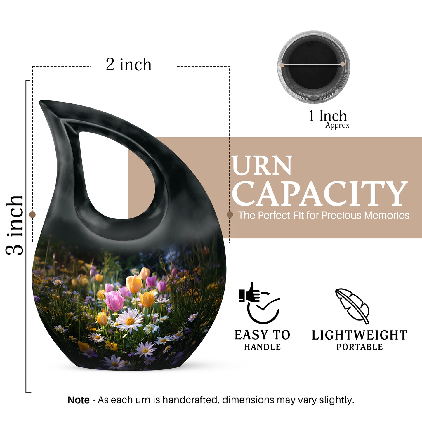 Ebony Garden Tulip Cremation Urn back view with polished surface - sacred cross merged with garden tulip motif on metal - mini keepsake memorial for portion of cremation ashes
