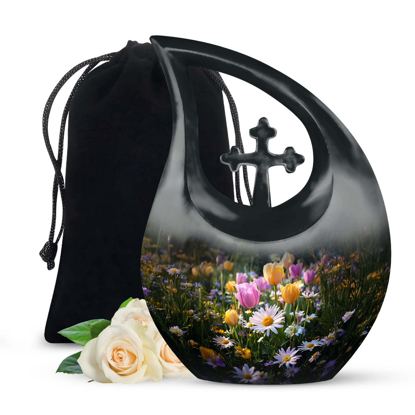 Glossy Black Garden Tulip Cremation Urn top-down view of secure threaded lid - sacred cross merged with garden tulip motif on metal - full-size 10 inch 200 cubic inch adult cremation urn