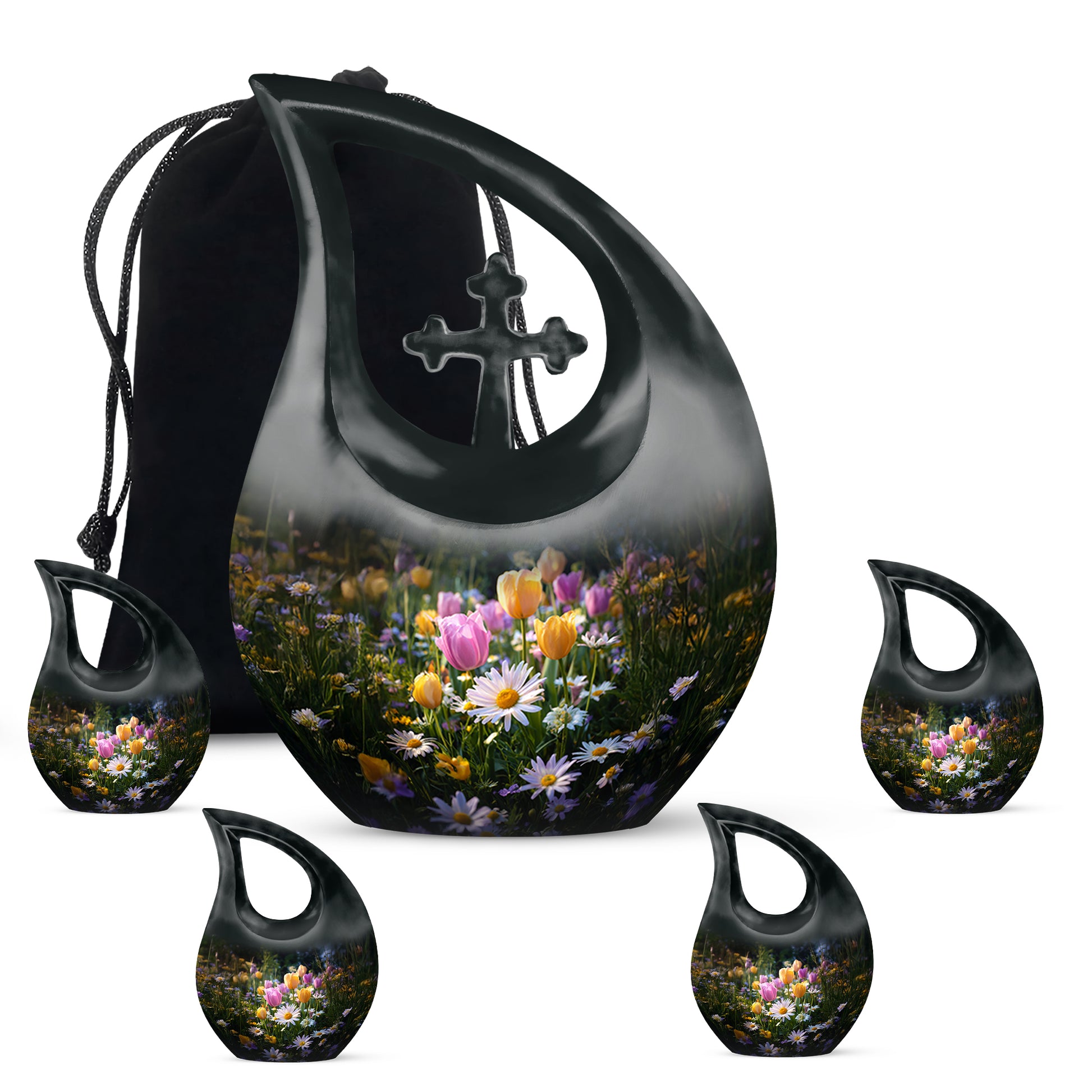 Dark Black Garden Tulip Cremation Urn urn with complimentary velvet bag - devotional cross-drop garden tulip engraving - memorial set with one large and four small urns