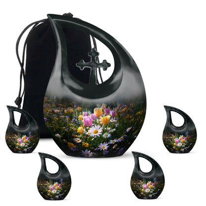 Dark Black Garden Tulip Cremation Urn urn with complimentary velvet bag - devotional cross-drop garden tulip engraving - memorial set with one large and four small urns