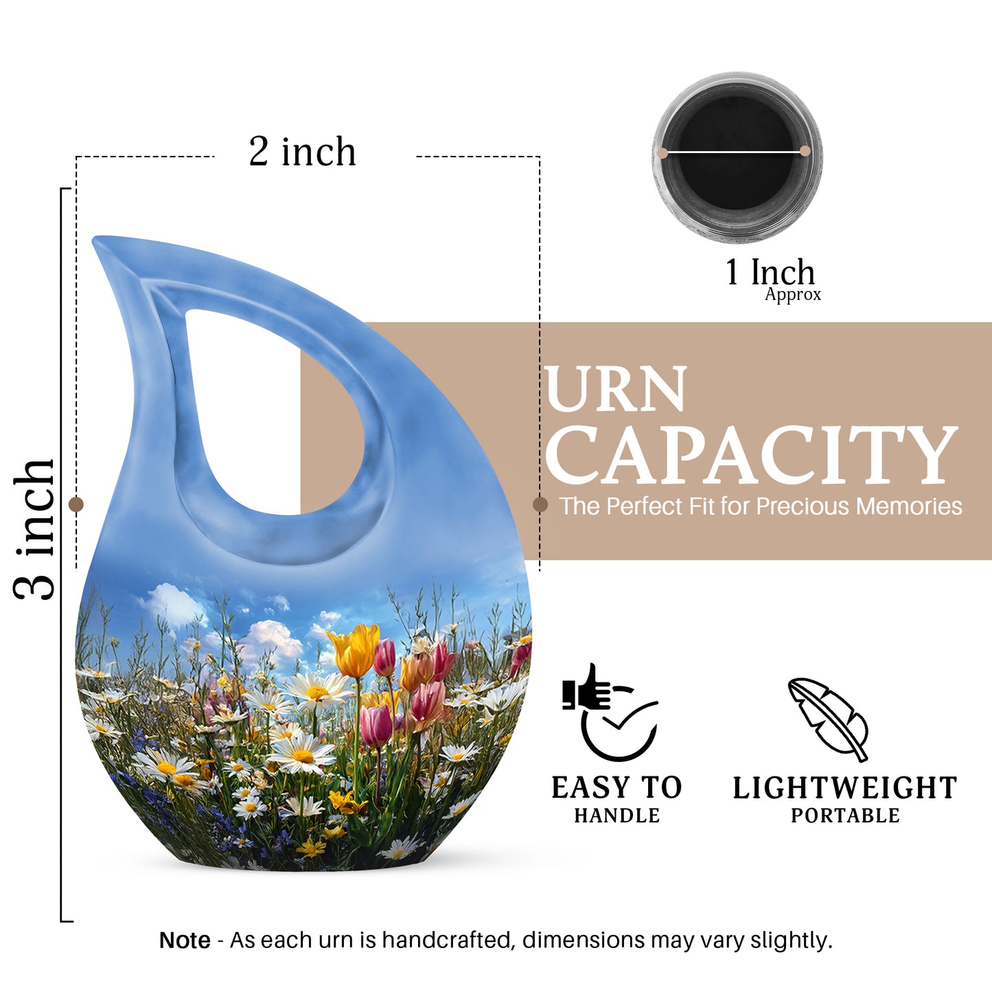 Sky Blue Garden Tulip Cremation Urn back view with polished surface - cross and garden tulip combined in spiritual memorial design - mini keepsake memorial for portion of cremation ashes