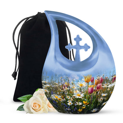 Celestial Blue Garden Tulip Cremation Urn top-down view of secure threaded lid - cross and garden tulip combined in spiritual memorial design - full-size 10 inch 200 cubic inch adult cremation urn