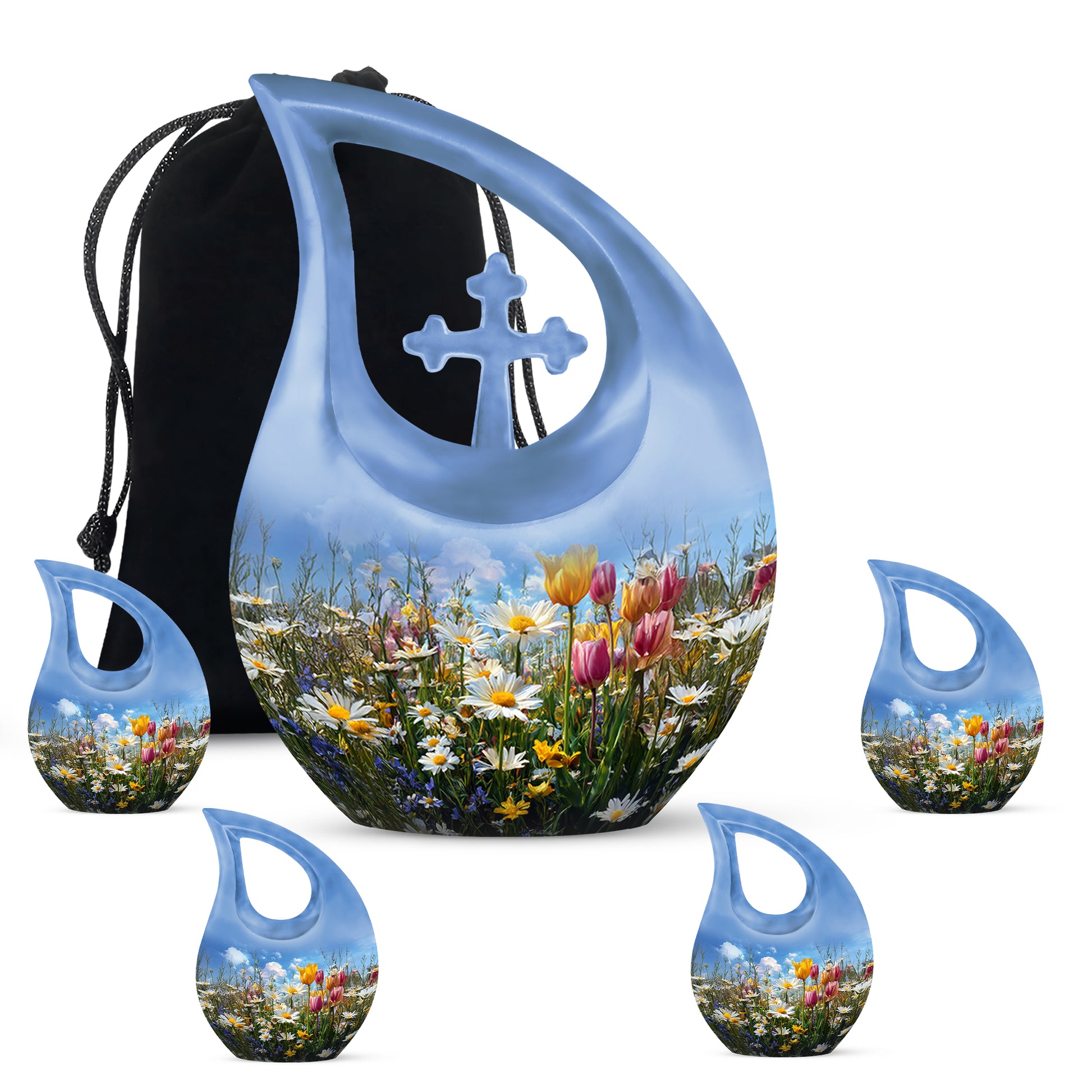 Powder Blue Garden Tulip Cremation Urn urn with complimentary velvet bag - sacred cross merged with garden tulip motif on metal - memorial set with one large and four small urns