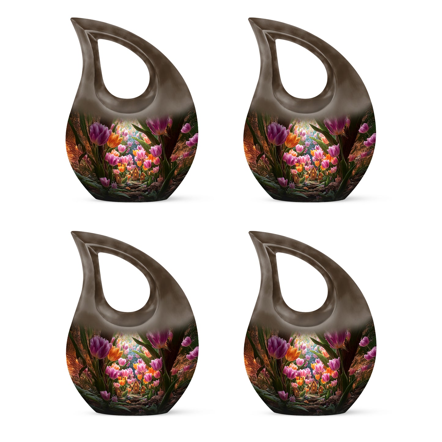 Sunrise Gold Garden Tulip Cremation Urn lifestyle display on memorial shelf - cross and garden tulip combined in spiritual memorial design - 10 inch aluminum urn for cremated remains