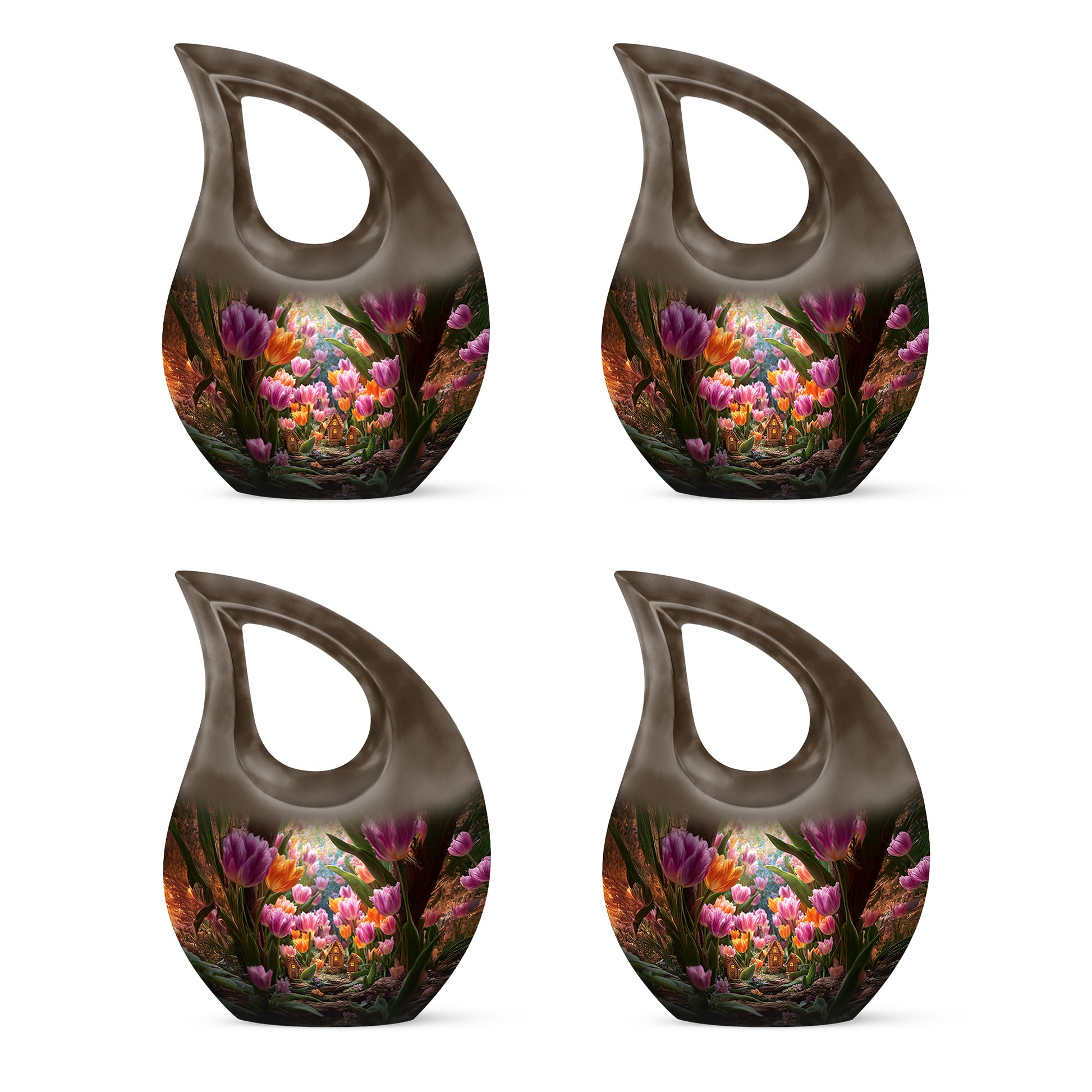 Sunrise Gold Garden Tulip Cremation Urn lifestyle display on memorial shelf - cross and garden tulip combined in spiritual memorial design - 10 inch aluminum urn for cremated remains