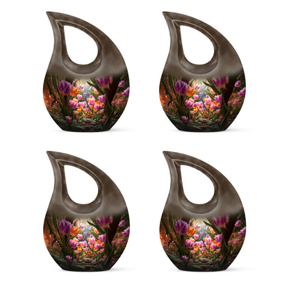 Sunrise Gold Garden Tulip Cremation Urn lifestyle display on memorial shelf - cross and garden tulip combined in spiritual memorial design - 10 inch aluminum urn for cremated remains