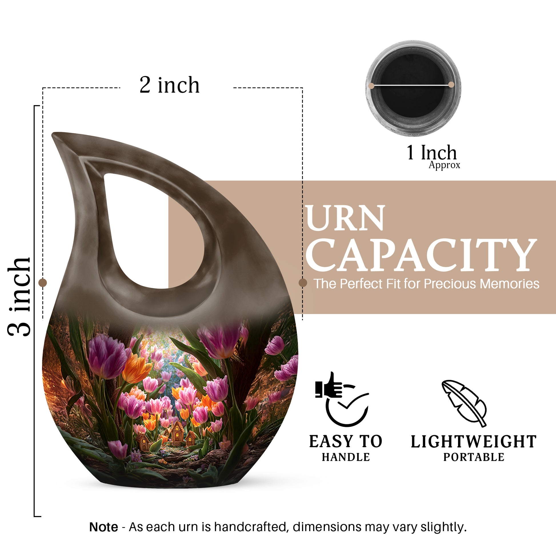 Matte Gold Garden Tulip Cremation Urn back view with polished surface - faith-inspired cross-drop urn with garden tulip pattern - mini keepsake memorial for portion of cremation ashes