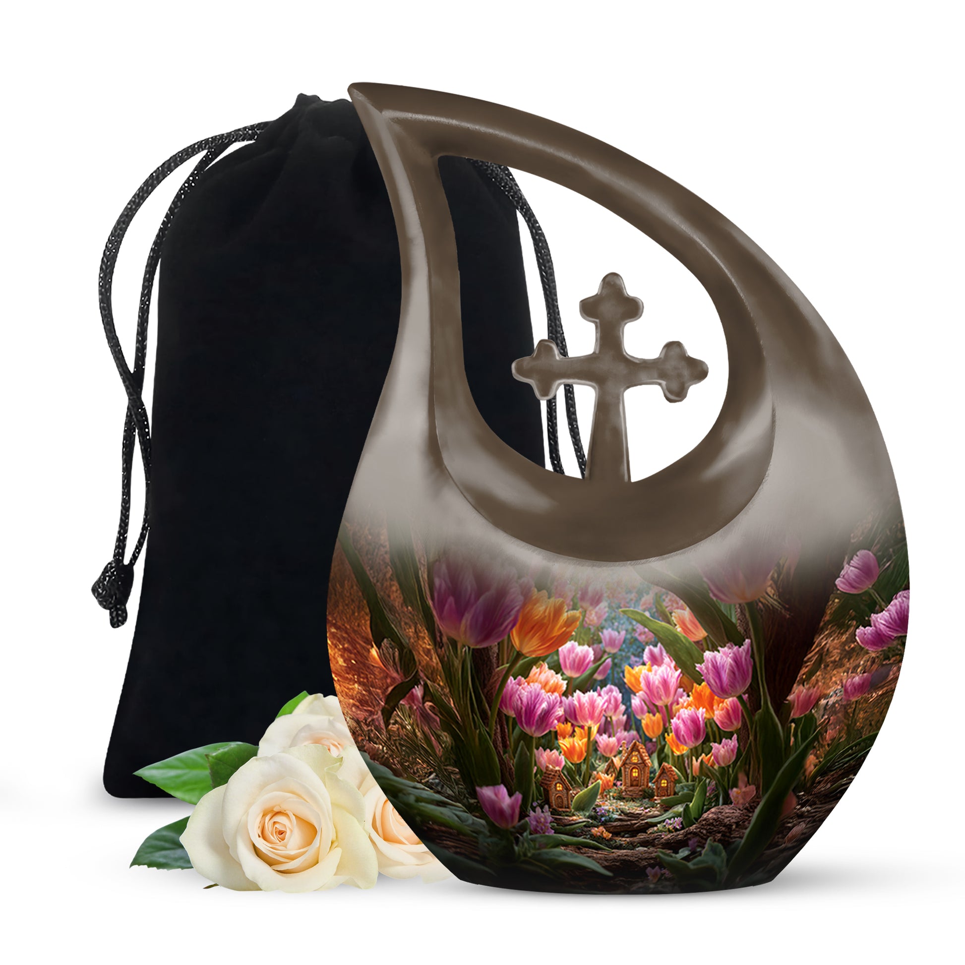 Burnished Gold Garden Tulip Cremation Urn top-down view of secure threaded lid - faith-inspired cross-drop urn with garden tulip pattern - full-size 10 inch 200 cubic inch adult cremation urn