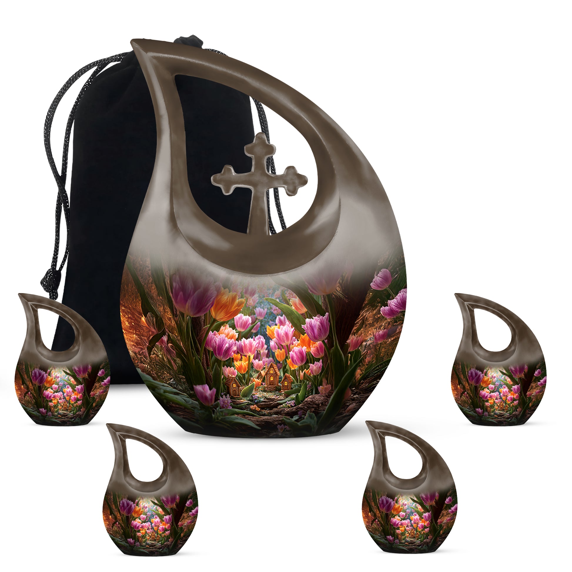 Gilded Gold Garden Tulip Cremation Urn urn with complimentary velvet bag - sacred cross merged with garden tulip motif on metal - memorial set with one large and four small urns