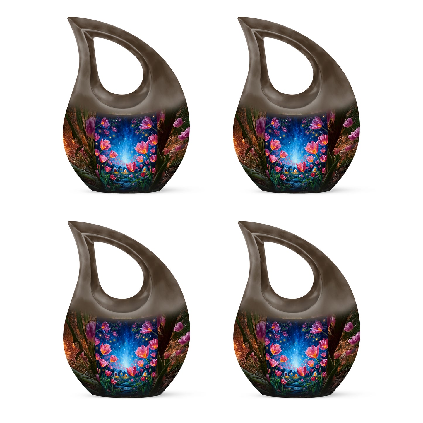 Gilded Gold Garden Tulip Cremation Urn lifestyle display on memorial shelf - cross and garden tulip combined in spiritual memorial design - 10 inch aluminum urn for cremated remains