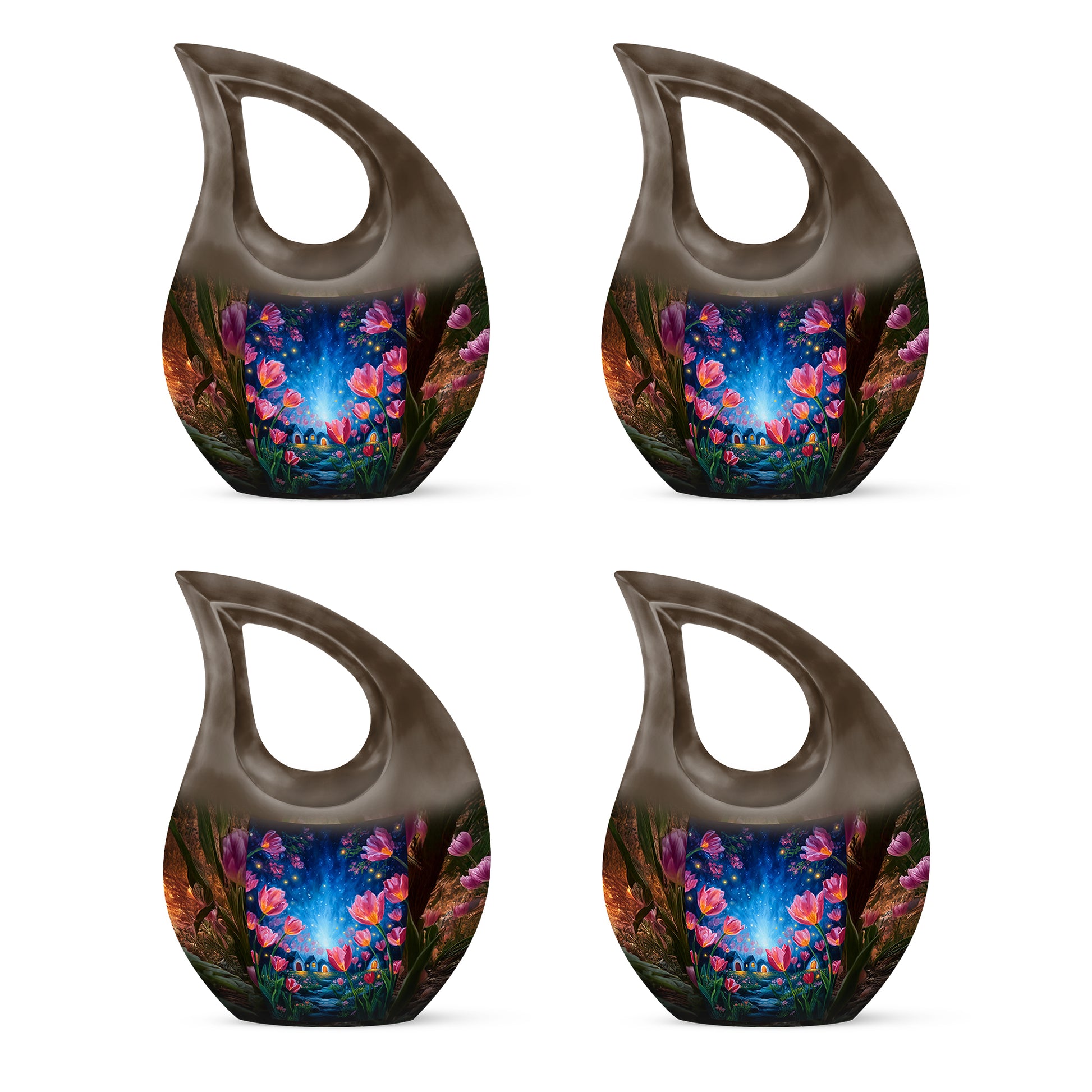 Gilded Gold Garden Tulip Cremation Urn lifestyle display on memorial shelf - cross and garden tulip combined in spiritual memorial design - 10 inch aluminum urn for cremated remains