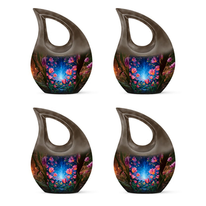 Gilded Gold Garden Tulip Cremation Urn lifestyle display on memorial shelf - cross and garden tulip combined in spiritual memorial design - 10 inch aluminum urn for cremated remains