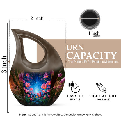 Champagne Gold Garden Tulip Cremation Urn back view with polished surface - sacred cross merged with garden tulip motif on metal - mini keepsake memorial for portion of cremation ashes