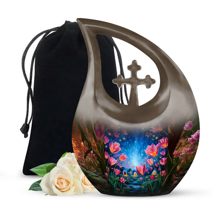 Champagne Gold Garden Tulip Cremation Urn top-down view of secure threaded lid - sacred cross merged with garden tulip motif on metal - full-size 10 inch 200 cubic inch adult cremation urn