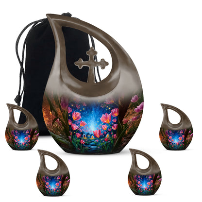 Warm Gold Garden Tulip Cremation Urn urn with complimentary velvet bag - faith-inspired cross-drop urn with garden tulip pattern - memorial set with one large and four small urns