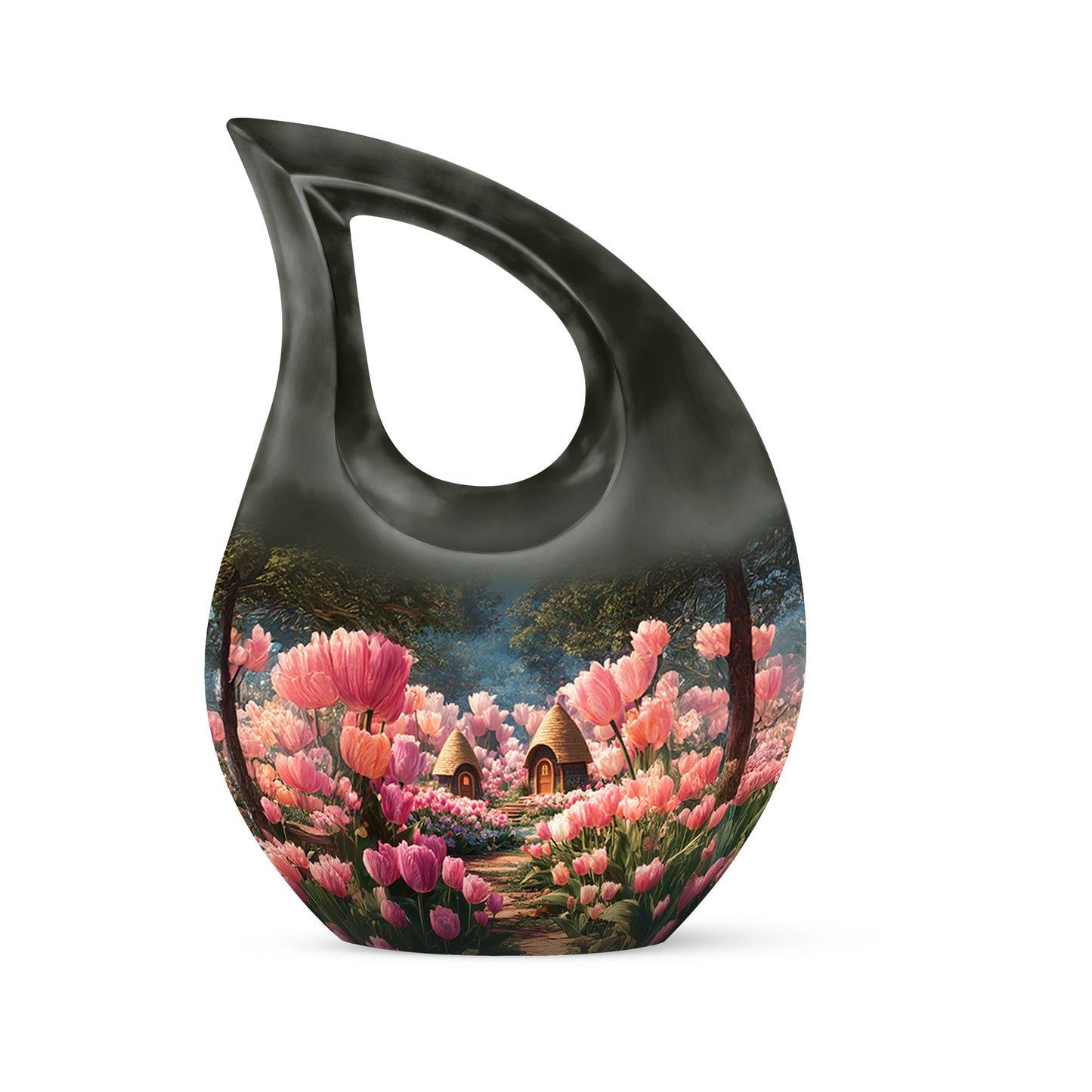 Black Resounding Garden Tulip Memorial Urn for Ashes - 10-inch, 200 cu in - Yatskia