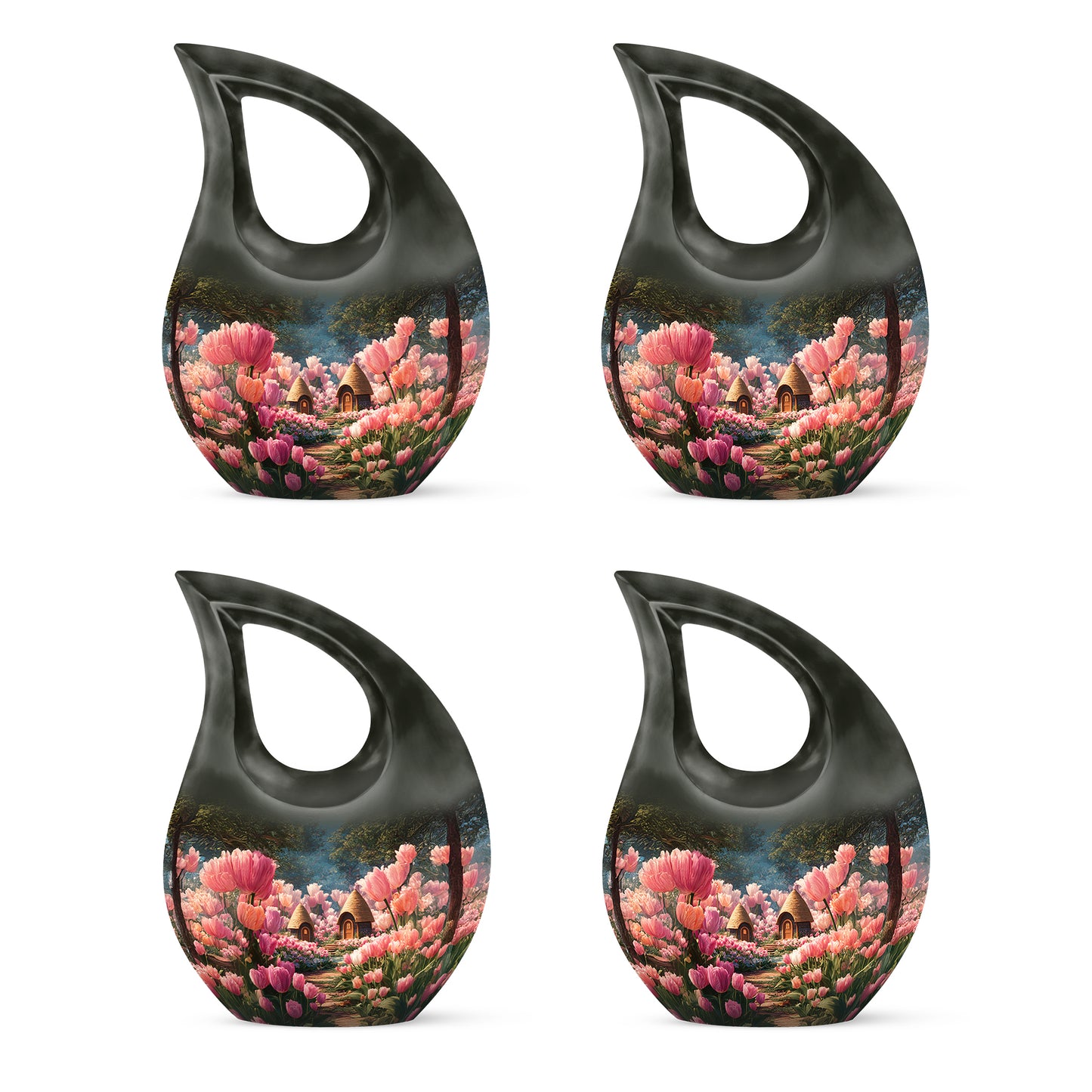 Onyx Black Garden Tulip Cremation Urn lifestyle display on memorial shelf - devotional cross-drop garden tulip engraving - 10 inch aluminum urn for cremated remains